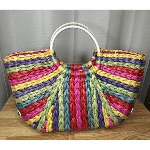 Colorful Straw Hand Bag Purse 12x12" lined button closure,white leather handles